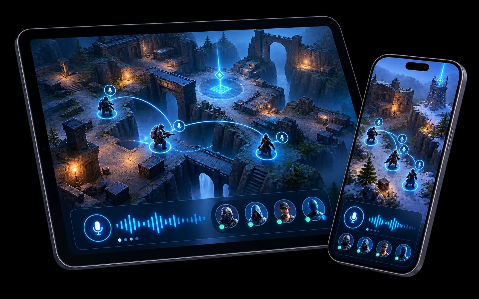 Mobile devices showing a cooperative multiplayer game
