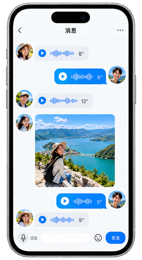 现代手机中的微信小程序群聊与语音消息界面